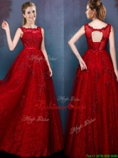 See Through Scoop Wine Red Prom Dress with Beading and Appliques BMT092FOR