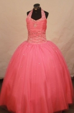 Affordable Ball Gown Halter Top Floor-length Waltermelon Beading Flower Gril dress Style FA-L-450