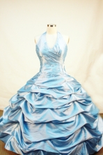 Discount Ball Gown Halter Top Neck Floor-Length Blue Appliques Flower Girl Dresses Style FA-S-223