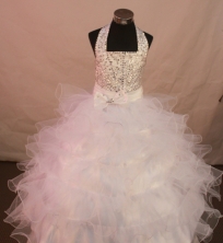 Discount Ball Gown Halter Top Neck Floor-Length White Appliques and Beading Flower Girl Dresses Y042415