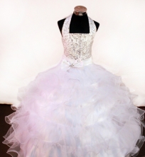Discount Ball Gown Halter Top Neck Floor-Length White Appliques and Beading Flower Girl Dresses Style FA-S-235