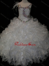 Elegant Ball Gown V Neck Organza Beading Lace Up Little Girl Pageant Dress in White SWLG012-1FOR
