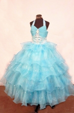 Exquisite Ball gown Halter top neck Floor-length Blue Beading Flower Girl Dresses Style FA-C-265