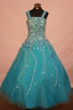 Gorgeous A-line Strap Floor-length Blue Beading Flower Girl Dresses Style FA-C-262
