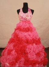 Luxuriously Ball Gown Halter Top Floor-length Pink Organza Flower Gril dress Style FA-L-446
