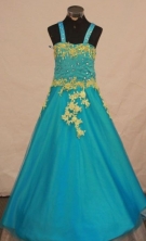 Popular Ball Gown Strap Floor-length Aqua Blue Appliques Flower Gril dress Style FA-L-444