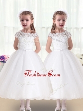 Pretty Bateau Cap Sleeves White Flower Girl Dresses FGL254FOR