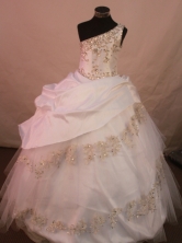 Sweet Ball Gown One Shoulder Neck Floor-Length White Appliques and Beading Flower Girl Dresses Style Y042414