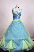 Inexpensive A-line halter top neck floor-length  beading blue organza quinceanera dress FA-X-019