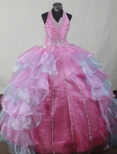 Sweet Ball Gown Halter Top Neck Floor-length Pink Quinceanera Dress LJ2602