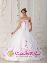 Puebla Mexico 2013 Spring Satin and Organza With Embroidery Cute White Quinceanera Dress Strapless Ball Gown Style QDZY298FOR 