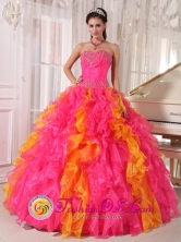 Saltillo Mexico Organza Orange Red and Hot Pink 2013 Quinceanera Dress with Ruffles Beaded Decorate For Sweet 16 Style PDZY710FOR