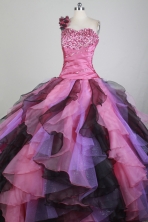 Romantic Ball Gown One Shoulder Neck Floor-length Hot Pink Quinceanera Dress X0426052