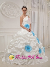 2013 Beautiful One Shoulder Neckline White Wholesale Flowers Decorate Quinceanera Dress With ruffles In Ybycui Paraguay Style QDZY455FOR  