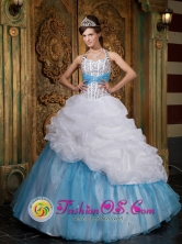 A-line Halter Lovely Wholesale  Beading and Pick-ups Organza White and Baby Blue For 2013 Quinceanera  In Cambyreta Paraguay Style QDZY085FOR