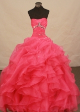 Exquisite Ball Gown Strapless Floor-length Coral Red Organza Beading Quinceanera Dress Style FA-L-181