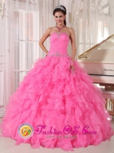 Inexpensive Rose Pink Quinceanera Dress With Strapless Custom Made with Ruffles and Beading for Quinceanera day IN  Alamikamba Nicaragua  Style QDZY724FOR
