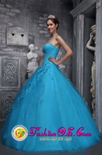 2013 Santo Andre Brazil Sweetheart Applique Decorate Baby Blue Tulle Quinceanera Dresses With  A-line Style In Oklahoma in Summer Style ZYLJ02FOR