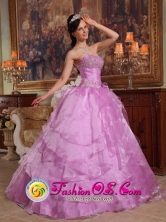 2013 Sao Jose dos Pinhais Brazil Quinceanera Dress For Spring Lavender Strapless Floor-length Organza Beading Ruffled Style QDZY200FOR 