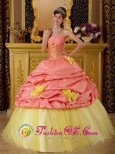 Palmilla Chile Colorful Hand Made Flowers a For Watermelon and Yellow  Quinceanera Dress  Style QDZY219FOR