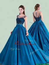See Through Scoop Brush Train Quinceanera Dress with Cap Sleeves XFQD1190FOR