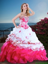 Visible Boning Beaded and Ruffled Quinceanera Gown in Hot Pink and White XFQD1184FOR