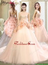 Luxurious Scoop Court Train Quinceanera Dresses with Hand Made Flowers YCQD055FOR