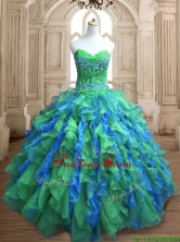 Most Popular Applique and Ruffled Quinceanera Dress in Green and Blue SWQD136-2FOR