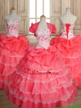 Sweet Beaded and Ruffled Layers Quinceanera Dress in Coral Red SWQD147FOR