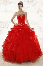 2015 Red Ball Gown Strapless Sweet 15 Dresses with Beading and Ruffles XFNAO031FOR