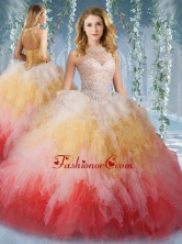 2016 Pretty Halter Top Rainbow Sweet 16 Dress with Beading and Ruffles SJQDDT527002FOR