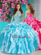 Classical Beaded and Ruffled Halter Top Quinceanera Dress in Baby Blue and White SJQDDT638002FOR