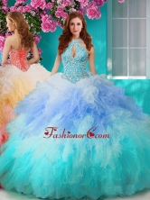 Discount Rainbow Halter Top Sweet 16 Dress with Beading and Ruffles SJQDDT635002FOR
