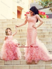 Exclusive Column Long Sleeves Prom Dress with Brush Train and Affordable Ruffled and Laced Little Girl Dress in Watermelon Red DXZH015FOR