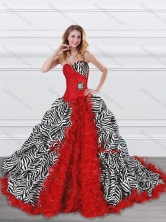 Latest Beaded and Ruffled Red and Zebra Quinceanera Dress with Brush Train XFQD1000FOR