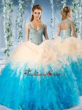 Modest Beaded Decorated Cap Sleeves Quinceanera Dress in Blue and ChampagneSJQDDT592002FOR