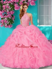 New Style Halter Top Beaded and Ruffled  Quinceanera Dress with Brush Train SJQDDT636002FOR