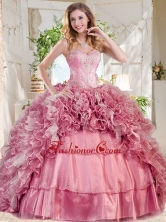 New Style Puffy Skirt Pink Sweet 16 Dress with Beading and Ruffles SJQDDT737002FOR