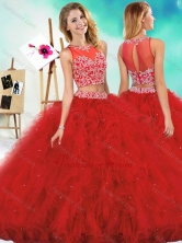 See Through Two Piece Red Quinceanera Dress with Beading and RufflesSJQDDT605002FOR