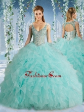 The Super Hot Beaded Decorated Cap Sleeves Quinceanera Dress with Deep V NeckSJQDDT588002FOR