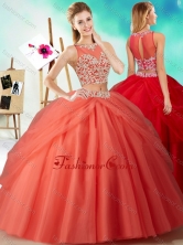 Two Piece See Through Beaded Quinceanera Dress in Orange RedSJQDDT601002FOR