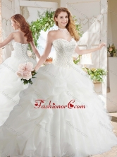 White Ball Gown Sweetheart Organza Court Train Beaded and Bubbles Quinceanera Dress SJQDDT688002FOR