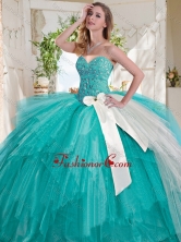 Wonderful Turquoise Big Puffy Quinceanera Dress with Beading and White Bowknot SJQDDT731002FOR