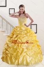 Yellow Beading Strapless 2015 Quinceanera Dresses with Sweep Train XFNAO008FOR