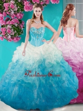 Affordable Beaded Bust White and Blue Quinceanera Dress in Organza SJQDDT678002FOR