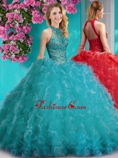 Cheap Halter Top Beaded and Ruffled Sweet 16 Dress with Puffy Skirt SJQDDT620002FOR