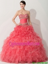 Princess Coral Red Sweet 16 Dress with Beading and Ruffles THQD004FOR