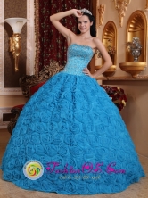 2013  Gorgeous Blue Sweet Quinceanera Dress Fabric With Rolling Flowers Ball Gown Strapless Beading Ball Gown IN Libertad Uruguay Style QDZY576FOR 