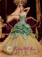 Remarkable Olive Green Pick-ups Beading Strapless Quinceanera Dress With Taffeta and Tulle 2013 for Quinceanera in Fray Bentos Uruguay Wholesale  Style QDZY223FOR
