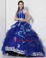 The Most Popular Halter Top Appliques Blue 2015 Quinceanera Dresses with Ruffles and Brush Train WMDQD023FOR